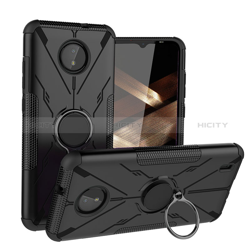 Silikon Hülle Handyhülle und Kunststoff Schutzhülle Hartschalen Tasche mit Magnetisch Fingerring Ständer JX1 für Nokia C10 Schwarz