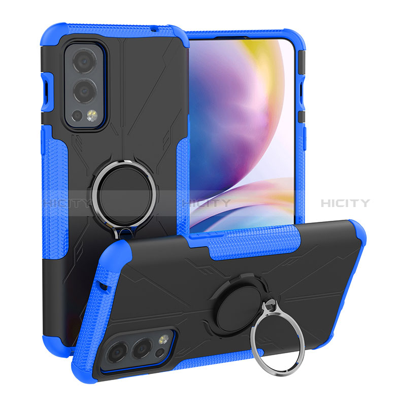 Silikon Hülle Handyhülle und Kunststoff Schutzhülle Hartschalen Tasche mit Magnetisch Fingerring Ständer JX1 für OnePlus Nord 2 5G Blau