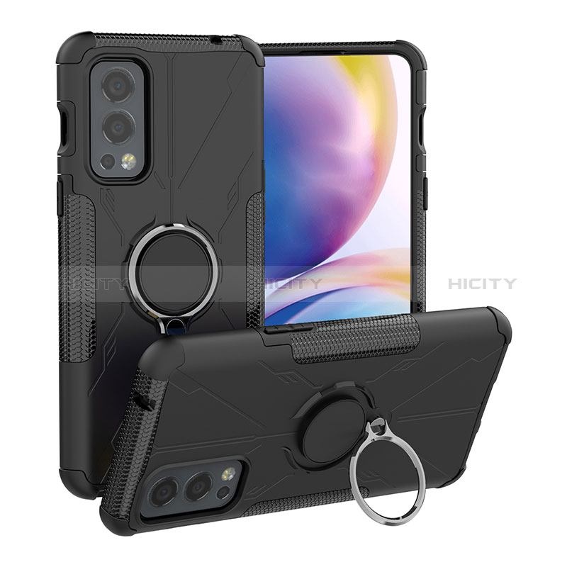 Silikon Hülle Handyhülle und Kunststoff Schutzhülle Hartschalen Tasche mit Magnetisch Fingerring Ständer JX1 für OnePlus Nord 2 5G Schwarz