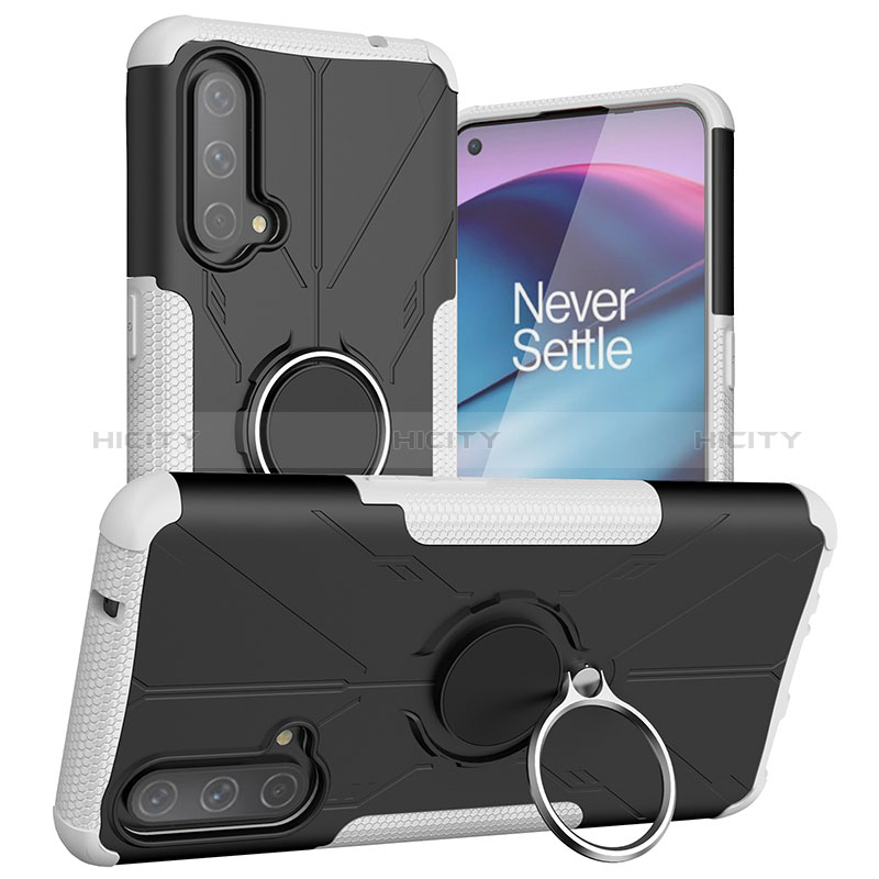 Silikon Hülle Handyhülle und Kunststoff Schutzhülle Hartschalen Tasche mit Magnetisch Fingerring Ständer JX1 für OnePlus Nord CE 5G groß