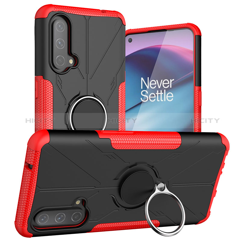 Silikon Hülle Handyhülle und Kunststoff Schutzhülle Hartschalen Tasche mit Magnetisch Fingerring Ständer JX1 für OnePlus Nord CE 5G Rot Plus