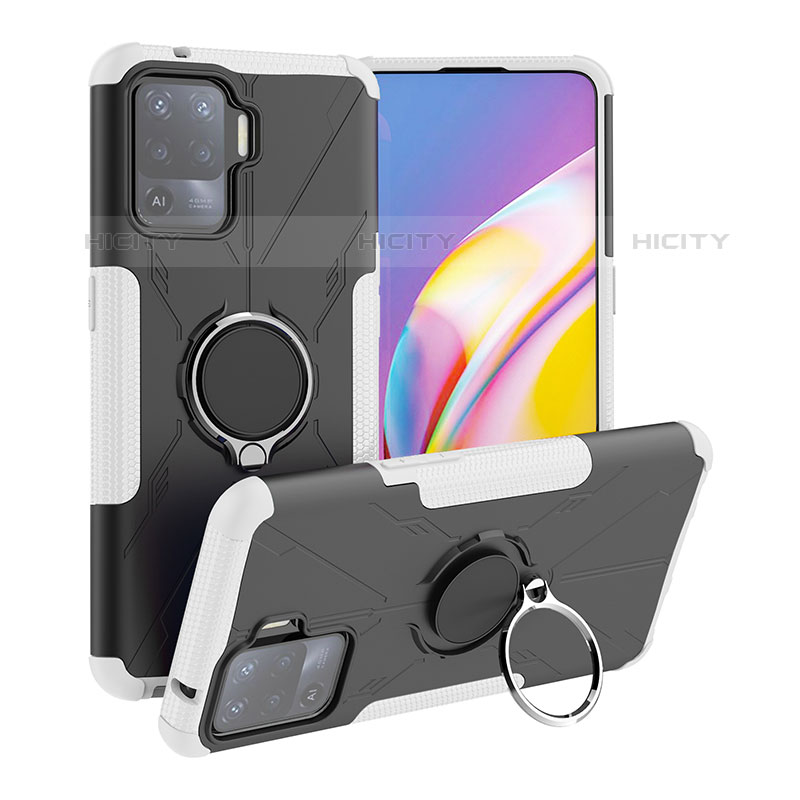 Silikon Hülle Handyhülle und Kunststoff Schutzhülle Hartschalen Tasche mit Magnetisch Fingerring Ständer JX1 für Oppo A94 4G Weiß