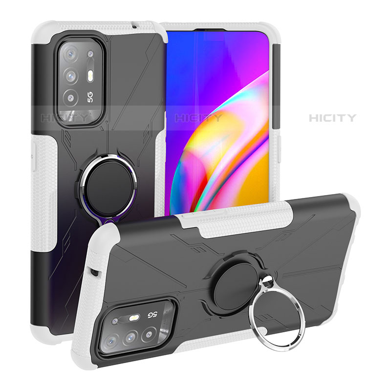 Silikon Hülle Handyhülle und Kunststoff Schutzhülle Hartschalen Tasche mit Magnetisch Fingerring Ständer JX1 für Oppo A94 5G Weiß