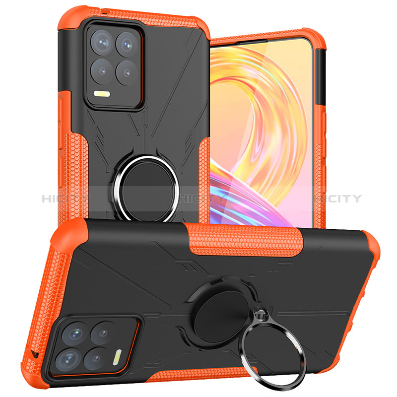 Silikon Hülle Handyhülle und Kunststoff Schutzhülle Hartschalen Tasche mit Magnetisch Fingerring Ständer JX1 für Realme 8 4G Orange Plus