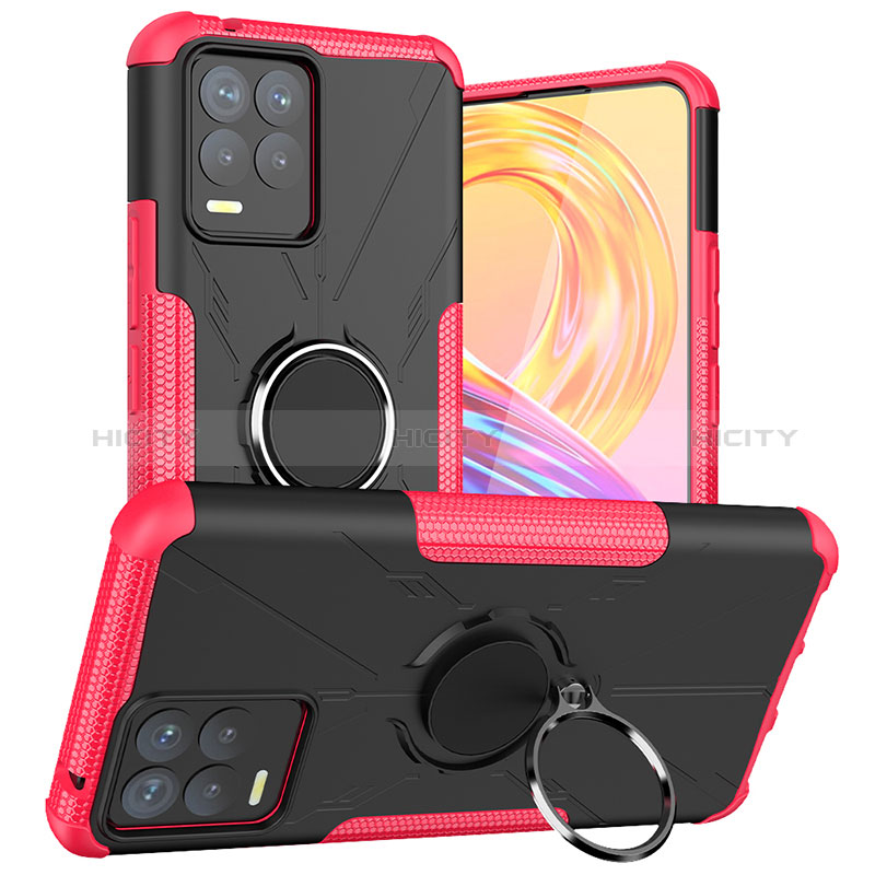 Silikon Hülle Handyhülle und Kunststoff Schutzhülle Hartschalen Tasche mit Magnetisch Fingerring Ständer JX1 für Realme 8 Pro Pink Plus