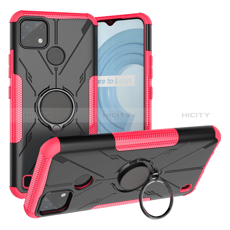 Silikon Hülle Handyhülle und Kunststoff Schutzhülle Hartschalen Tasche mit Magnetisch Fingerring Ständer JX1 für Realme C21Y Pink Plus