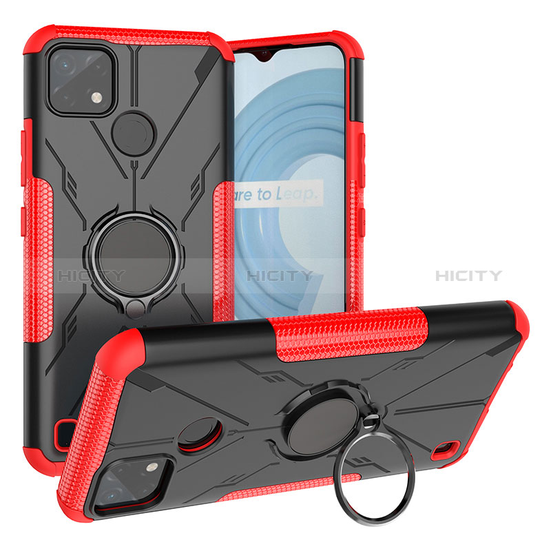 Silikon Hülle Handyhülle und Kunststoff Schutzhülle Hartschalen Tasche mit Magnetisch Fingerring Ständer JX1 für Realme C21Y Rot Plus