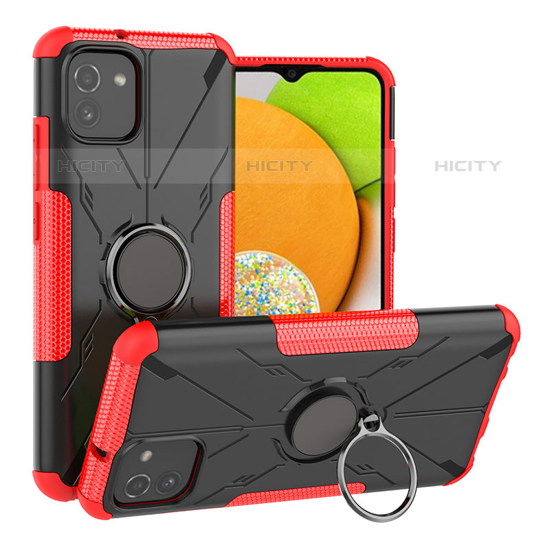 Silikon Hülle Handyhülle und Kunststoff Schutzhülle Hartschalen Tasche mit Magnetisch Fingerring Ständer JX1 für Samsung Galaxy A03 Rot Plus