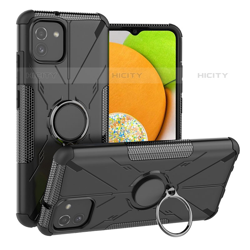 Silikon Hülle Handyhülle und Kunststoff Schutzhülle Hartschalen Tasche mit Magnetisch Fingerring Ständer JX1 für Samsung Galaxy A03 Schwarz