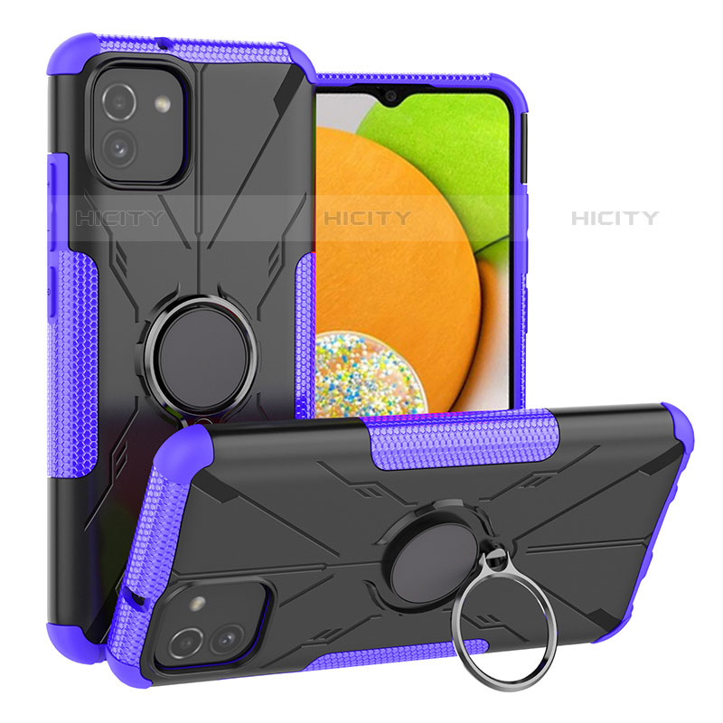 Silikon Hülle Handyhülle und Kunststoff Schutzhülle Hartschalen Tasche mit Magnetisch Fingerring Ständer JX1 für Samsung Galaxy A03 Violett