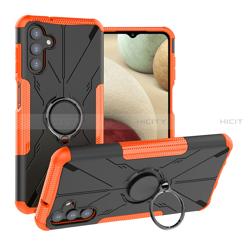 Silikon Hülle Handyhülle und Kunststoff Schutzhülle Hartschalen Tasche mit Magnetisch Fingerring Ständer JX1 für Samsung Galaxy A13 5G Orange