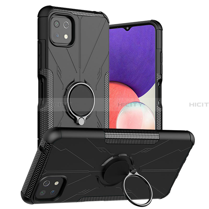 Silikon Hülle Handyhülle und Kunststoff Schutzhülle Hartschalen Tasche mit Magnetisch Fingerring Ständer JX1 für Samsung Galaxy A22 5G Schwarz Plus