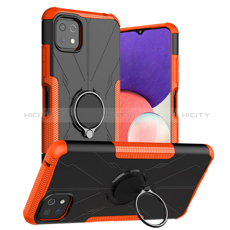 Silikon Hülle Handyhülle und Kunststoff Schutzhülle Hartschalen Tasche mit Magnetisch Fingerring Ständer JX1 für Samsung Galaxy A22s 5G Orange Plus