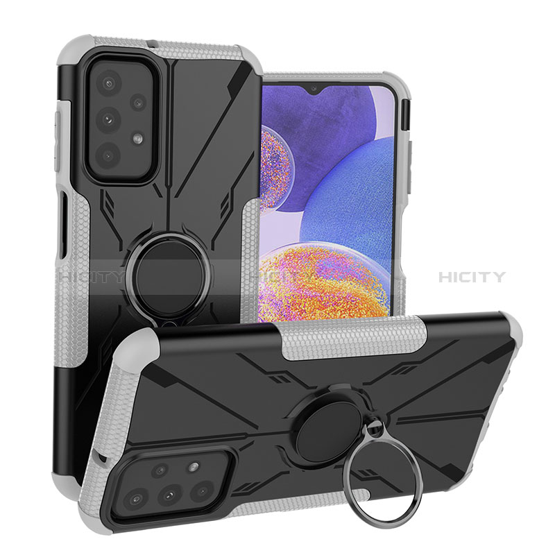 Silikon Hülle Handyhülle und Kunststoff Schutzhülle Hartschalen Tasche mit Magnetisch Fingerring Ständer JX1 für Samsung Galaxy A23 5G Silber