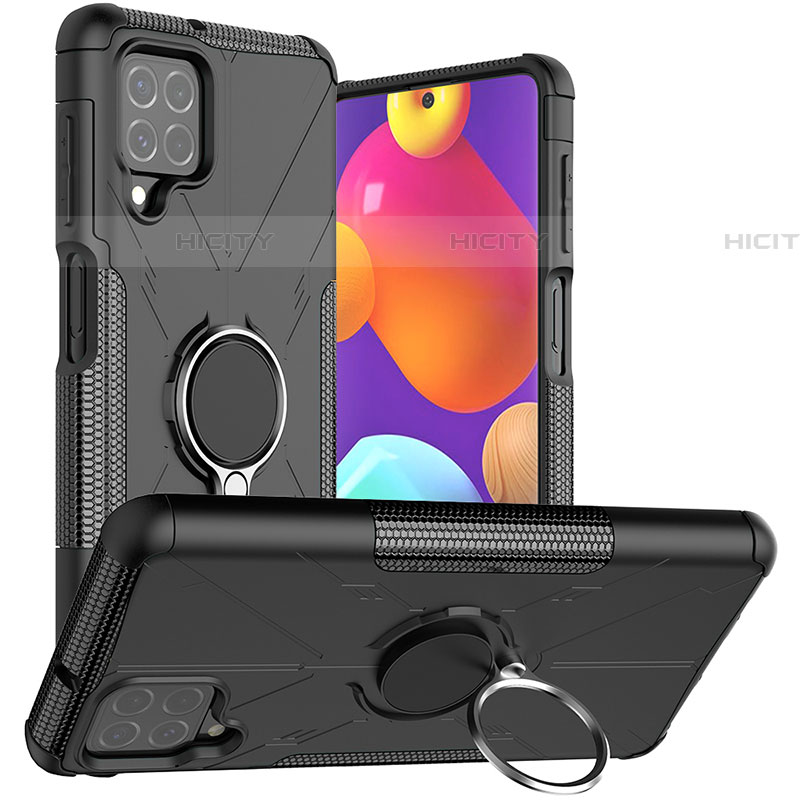 Silikon Hülle Handyhülle und Kunststoff Schutzhülle Hartschalen Tasche mit Magnetisch Fingerring Ständer JX1 für Samsung Galaxy F62 5G Schwarz Plus