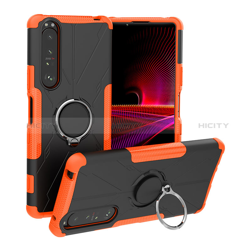 Silikon Hülle Handyhülle und Kunststoff Schutzhülle Hartschalen Tasche mit Magnetisch Fingerring Ständer JX1 für Sony Xperia 1 III Orange