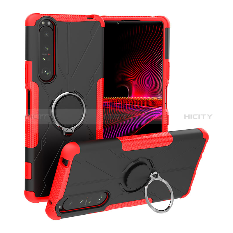 Silikon Hülle Handyhülle und Kunststoff Schutzhülle Hartschalen Tasche mit Magnetisch Fingerring Ständer JX1 für Sony Xperia 1 III Rot Plus