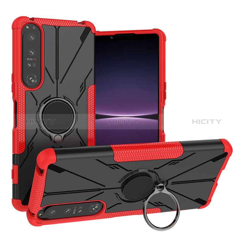 Silikon Hülle Handyhülle und Kunststoff Schutzhülle Hartschalen Tasche mit Magnetisch Fingerring Ständer JX1 für Sony Xperia 1 IV Rot Plus