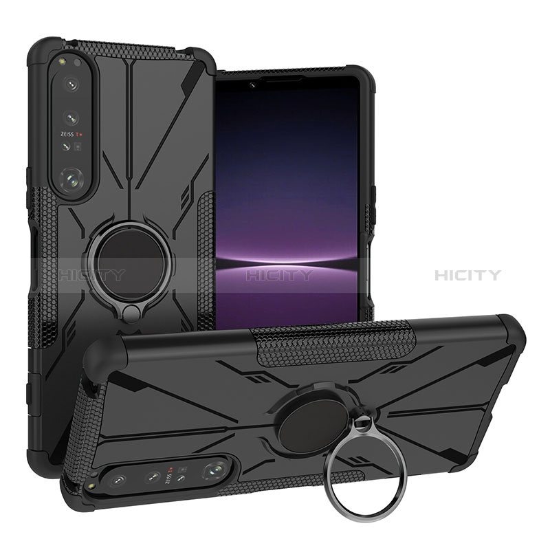 Silikon Hülle Handyhülle und Kunststoff Schutzhülle Hartschalen Tasche mit Magnetisch Fingerring Ständer JX1 für Sony Xperia 1 IV Schwarz Plus