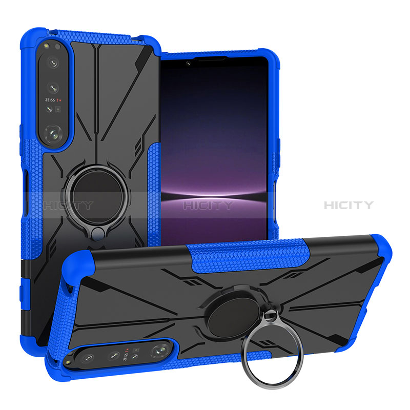 Silikon Hülle Handyhülle und Kunststoff Schutzhülle Hartschalen Tasche mit Magnetisch Fingerring Ständer JX1 für Sony Xperia 1 IV SO-51C Blau Plus