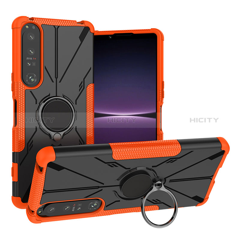 Silikon Hülle Handyhülle und Kunststoff Schutzhülle Hartschalen Tasche mit Magnetisch Fingerring Ständer JX1 für Sony Xperia 1 IV SO-51C Orange Plus