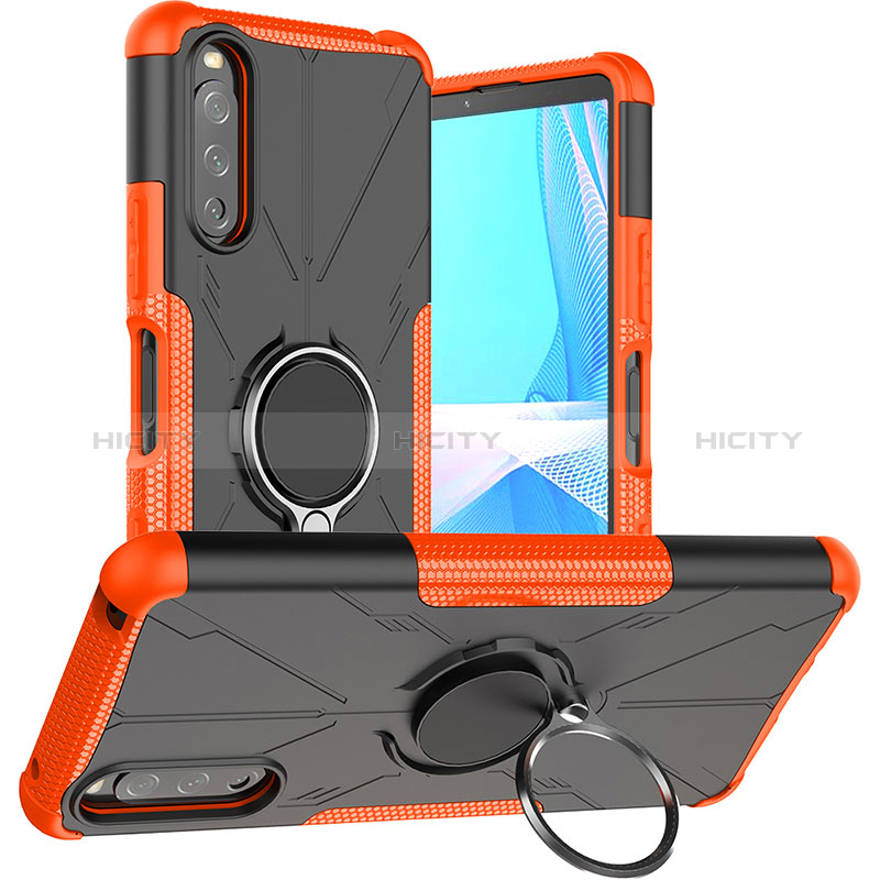 Silikon Hülle Handyhülle und Kunststoff Schutzhülle Hartschalen Tasche mit Magnetisch Fingerring Ständer JX1 für Sony Xperia 10 III Lite Orange