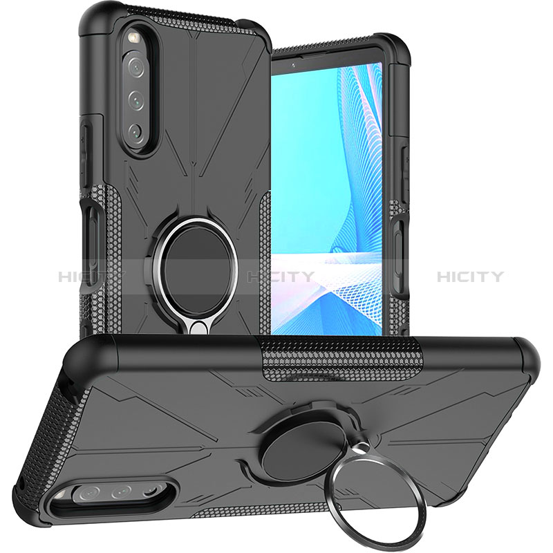 Silikon Hülle Handyhülle und Kunststoff Schutzhülle Hartschalen Tasche mit Magnetisch Fingerring Ständer JX1 für Sony Xperia 10 III Lite Schwarz