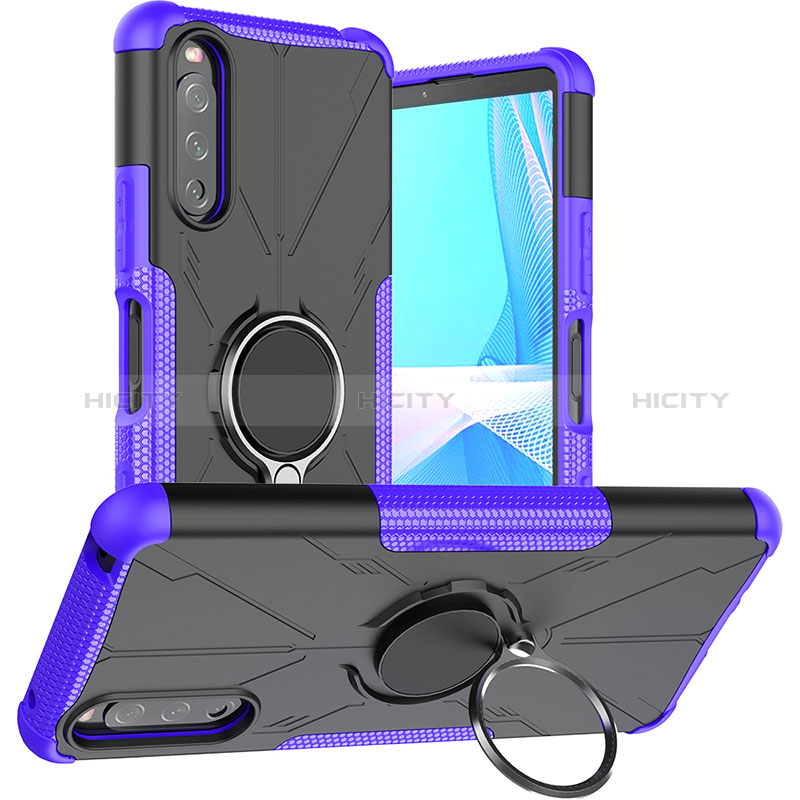 Silikon Hülle Handyhülle und Kunststoff Schutzhülle Hartschalen Tasche mit Magnetisch Fingerring Ständer JX1 für Sony Xperia 10 III SO-52B Violett Plus