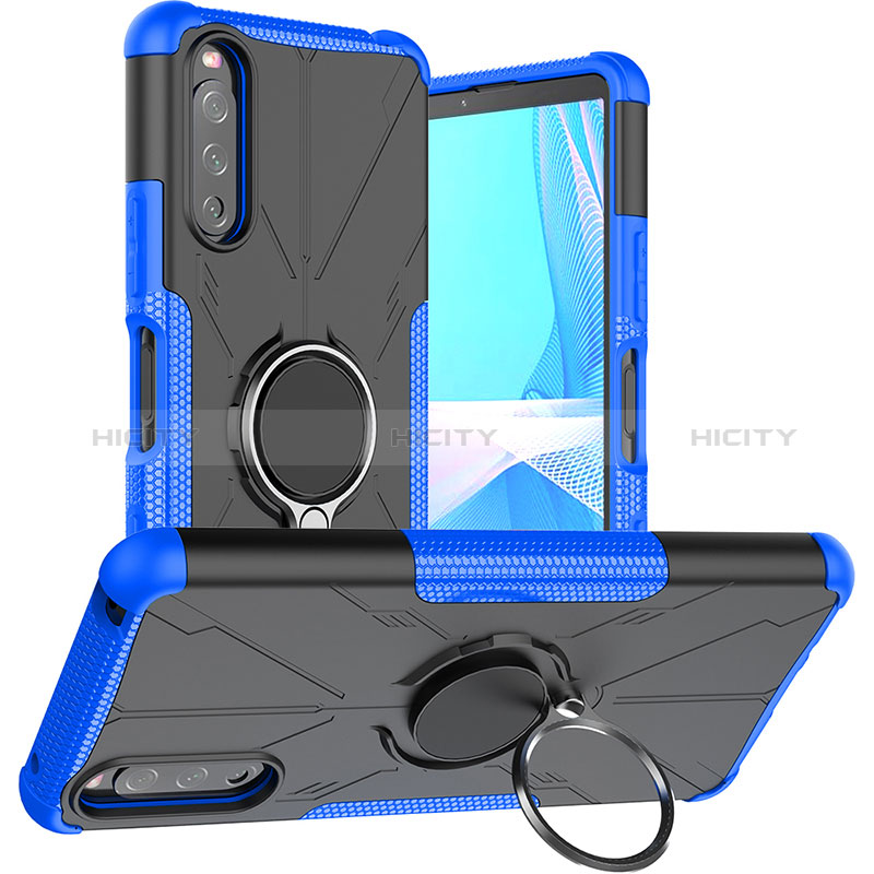 Silikon Hülle Handyhülle und Kunststoff Schutzhülle Hartschalen Tasche mit Magnetisch Fingerring Ständer JX1 für Sony Xperia 10 III SOG04 Blau Plus