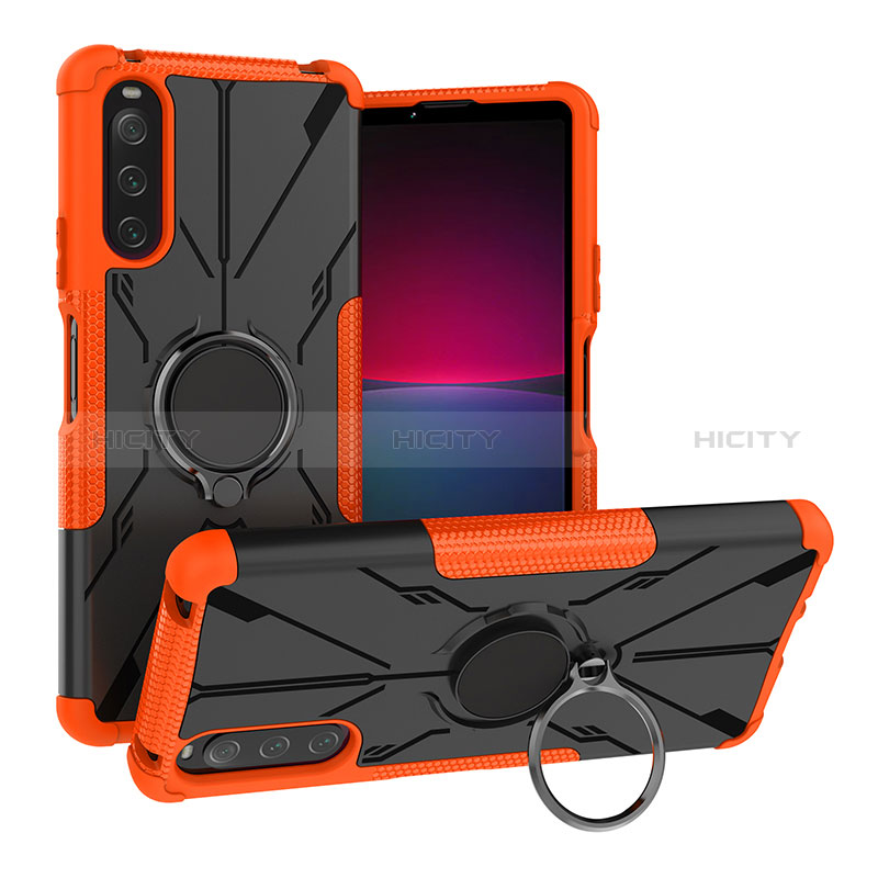 Silikon Hülle Handyhülle und Kunststoff Schutzhülle Hartschalen Tasche mit Magnetisch Fingerring Ständer JX1 für Sony Xperia 10 IV Orange