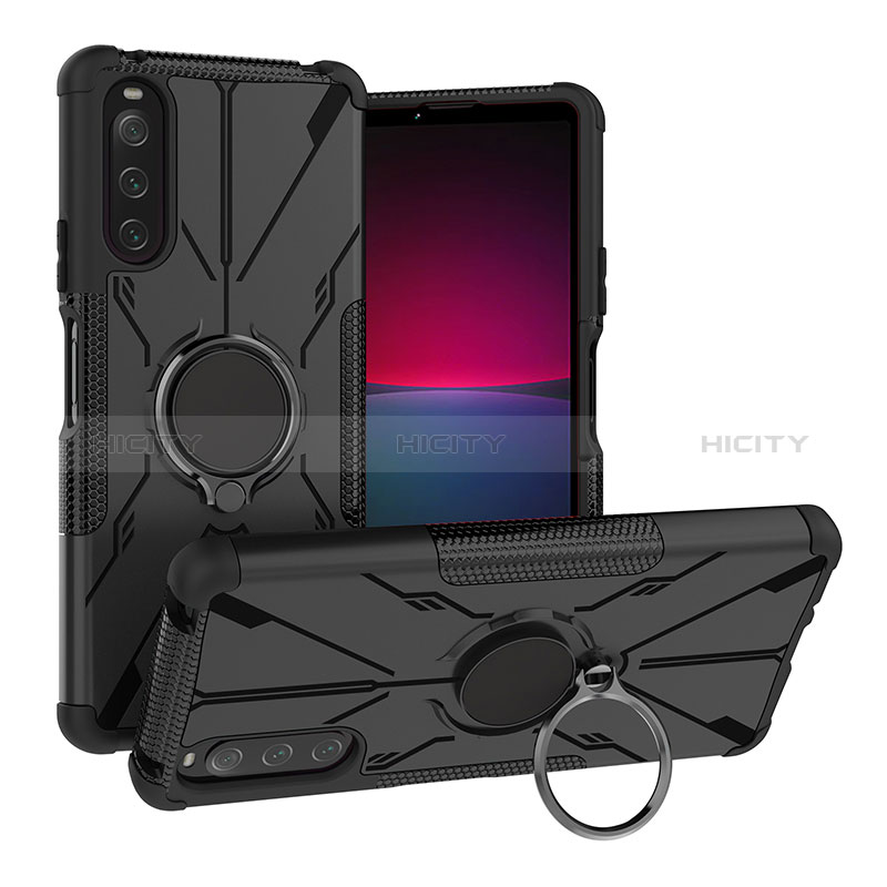 Silikon Hülle Handyhülle und Kunststoff Schutzhülle Hartschalen Tasche mit Magnetisch Fingerring Ständer JX1 für Sony Xperia 10 IV SOG07 groß