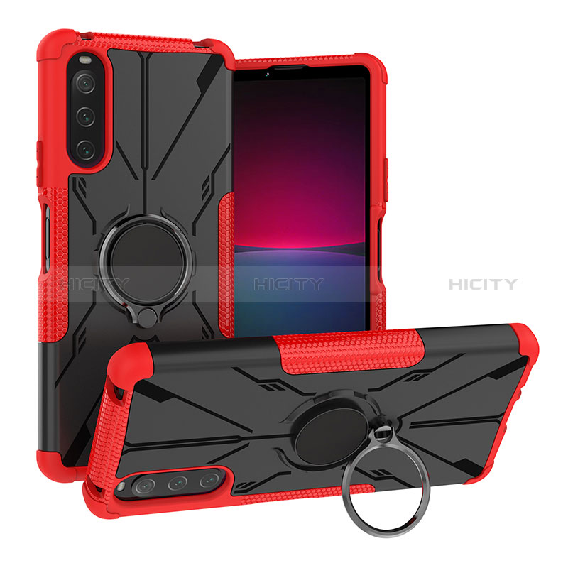 Silikon Hülle Handyhülle und Kunststoff Schutzhülle Hartschalen Tasche mit Magnetisch Fingerring Ständer JX1 für Sony Xperia 10 IV SOG07 Rot Plus