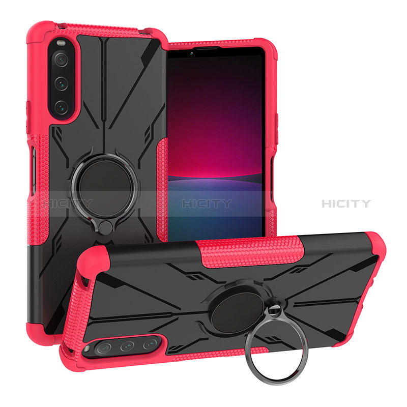 Silikon Hülle Handyhülle und Kunststoff Schutzhülle Hartschalen Tasche mit Magnetisch Fingerring Ständer JX1 für Sony Xperia 10 V Pink