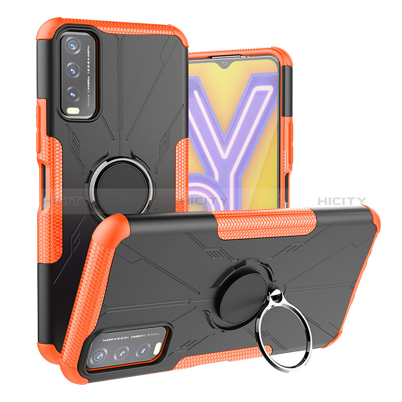 Silikon Hülle Handyhülle und Kunststoff Schutzhülle Hartschalen Tasche mit Magnetisch Fingerring Ständer JX1 für Vivo Y12s (2021) Orange