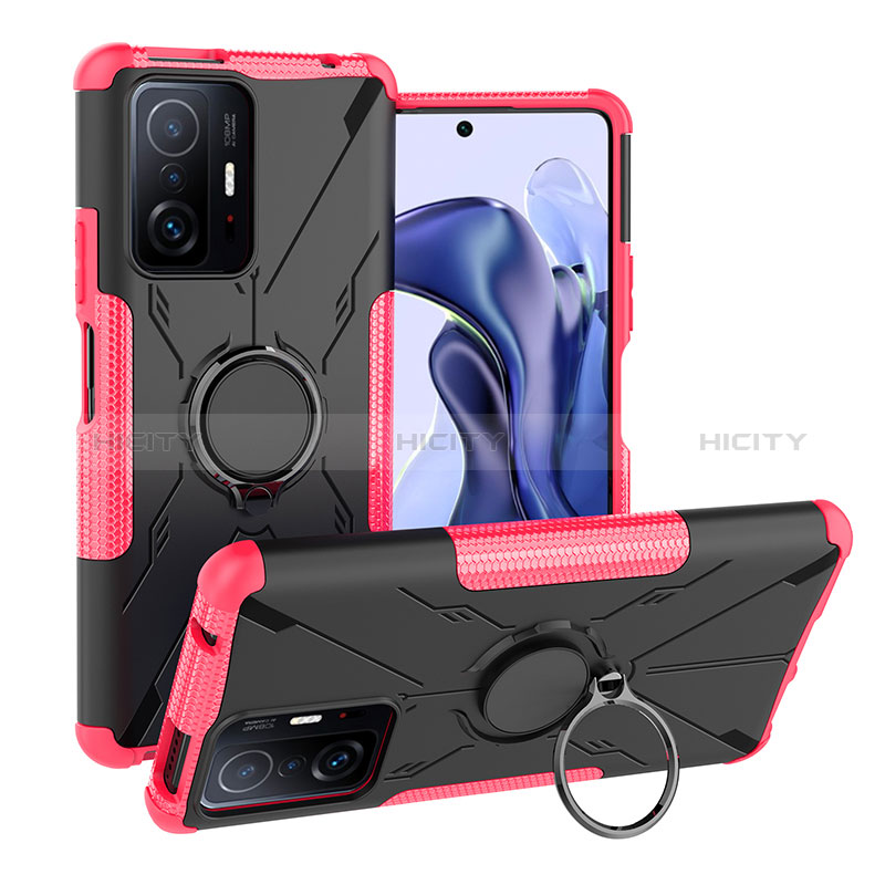 Silikon Hülle Handyhülle und Kunststoff Schutzhülle Hartschalen Tasche mit Magnetisch Fingerring Ständer JX1 für Xiaomi Mi 11T 5G Pink