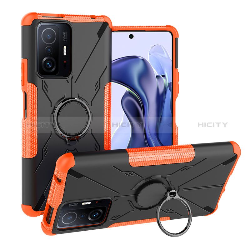 Silikon Hülle Handyhülle und Kunststoff Schutzhülle Hartschalen Tasche mit Magnetisch Fingerring Ständer JX1 für Xiaomi Mi 11T Pro 5G Orange Plus