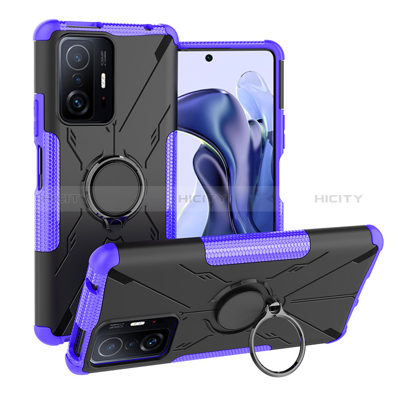 Silikon Hülle Handyhülle und Kunststoff Schutzhülle Hartschalen Tasche mit Magnetisch Fingerring Ständer JX1 für Xiaomi Mi 11T Pro 5G Violett Plus