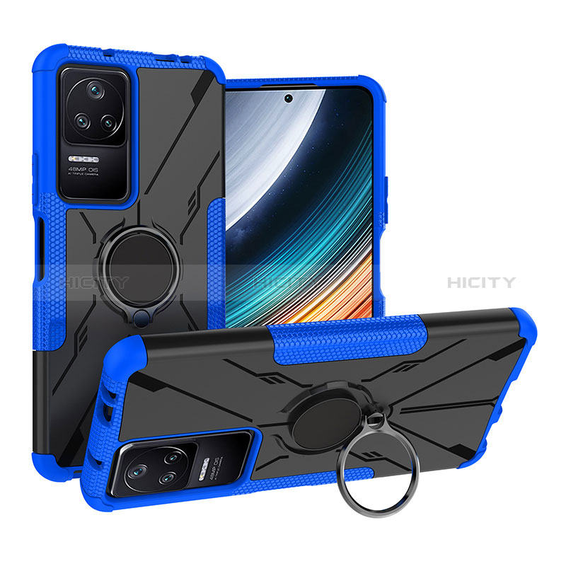 Silikon Hülle Handyhülle und Kunststoff Schutzhülle Hartschalen Tasche mit Magnetisch Fingerring Ständer JX1 für Xiaomi Poco F4 5G Blau