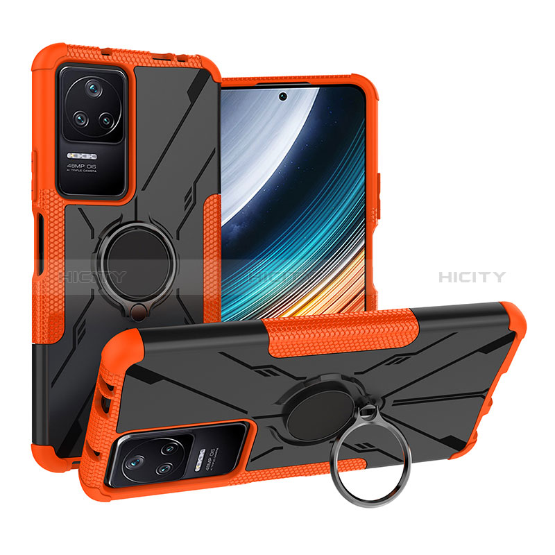 Silikon Hülle Handyhülle und Kunststoff Schutzhülle Hartschalen Tasche mit Magnetisch Fingerring Ständer JX1 für Xiaomi Poco F4 5G Orange