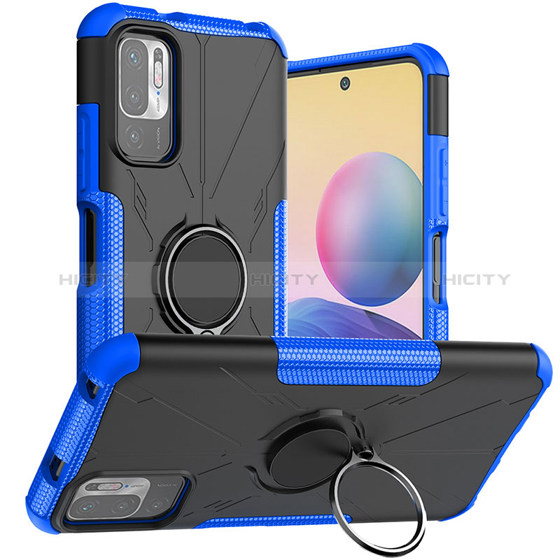 Silikon Hülle Handyhülle und Kunststoff Schutzhülle Hartschalen Tasche mit Magnetisch Fingerring Ständer JX1 für Xiaomi POCO M3 Pro 5G Blau Plus