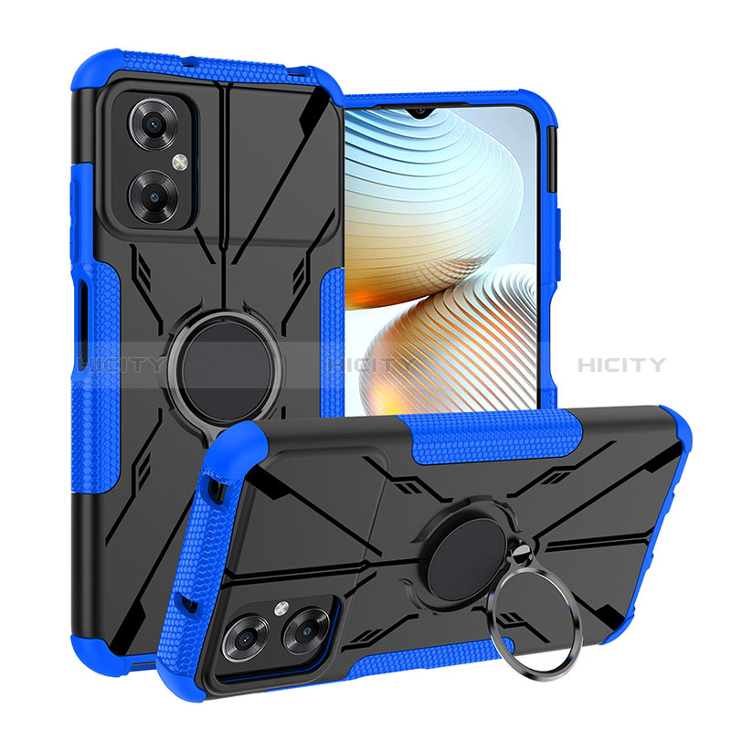 Silikon Hülle Handyhülle und Kunststoff Schutzhülle Hartschalen Tasche mit Magnetisch Fingerring Ständer JX1 für Xiaomi Poco M4 5G Blau Plus