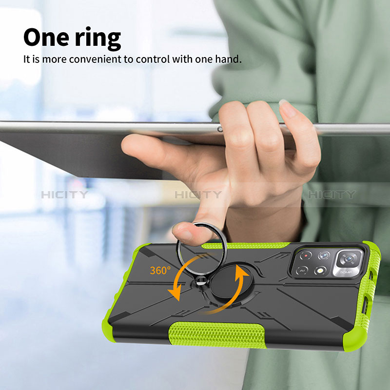 Silikon Hülle Handyhülle und Kunststoff Schutzhülle Hartschalen Tasche mit Magnetisch Fingerring Ständer JX1 für Xiaomi Poco M4 Pro 5G groß