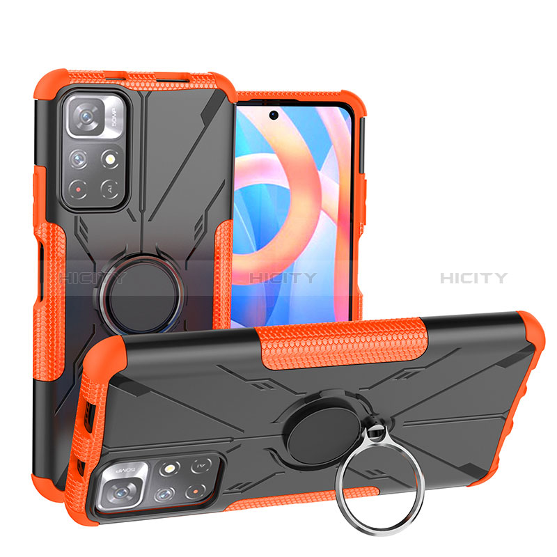 Silikon Hülle Handyhülle und Kunststoff Schutzhülle Hartschalen Tasche mit Magnetisch Fingerring Ständer JX1 für Xiaomi Poco M4 Pro 5G Orange Plus