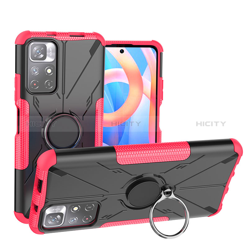 Silikon Hülle Handyhülle und Kunststoff Schutzhülle Hartschalen Tasche mit Magnetisch Fingerring Ständer JX1 für Xiaomi Poco M4 Pro 5G Pink Plus
