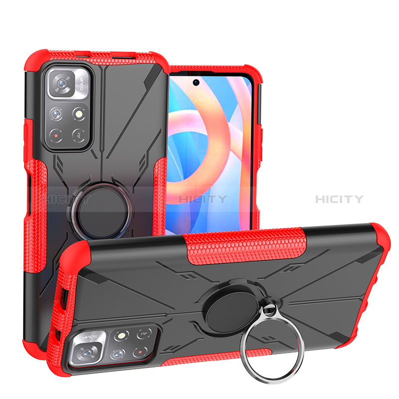 Silikon Hülle Handyhülle und Kunststoff Schutzhülle Hartschalen Tasche mit Magnetisch Fingerring Ständer JX1 für Xiaomi Poco M4 Pro 5G Rot