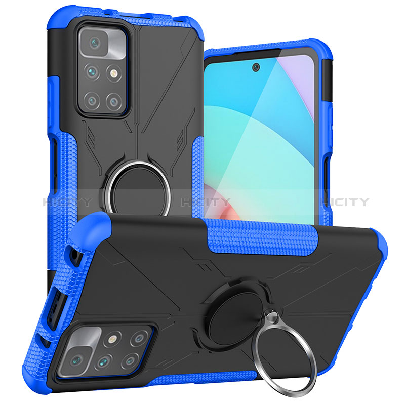 Silikon Hülle Handyhülle und Kunststoff Schutzhülle Hartschalen Tasche mit Magnetisch Fingerring Ständer JX1 für Xiaomi Redmi 10 (2022) Blau Plus