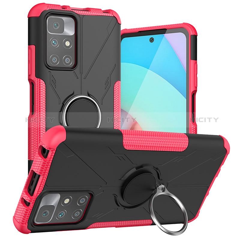 Silikon Hülle Handyhülle und Kunststoff Schutzhülle Hartschalen Tasche mit Magnetisch Fingerring Ständer JX1 für Xiaomi Redmi 10 (2022) Pink Plus