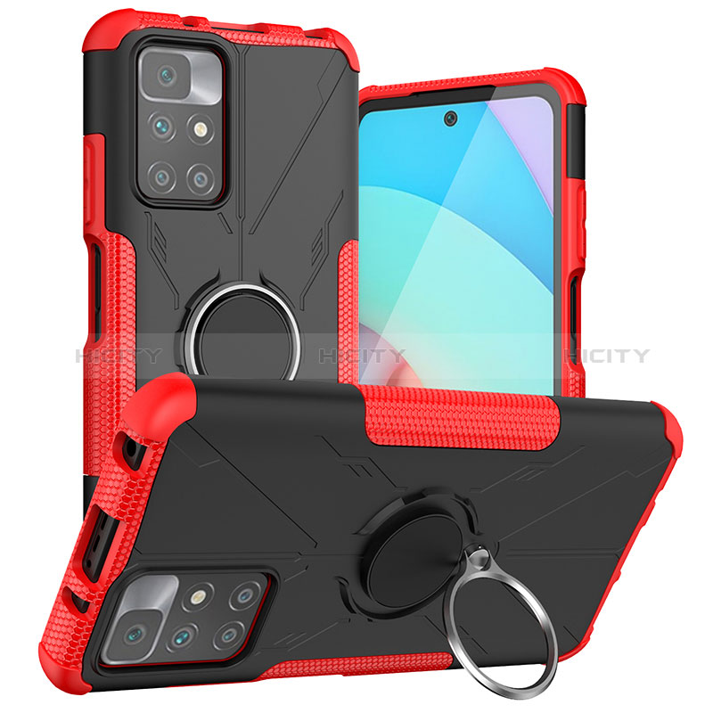 Silikon Hülle Handyhülle und Kunststoff Schutzhülle Hartschalen Tasche mit Magnetisch Fingerring Ständer JX1 für Xiaomi Redmi 10 (2022) Rot Plus