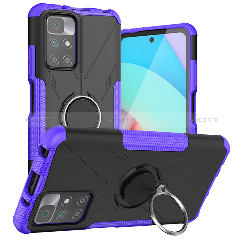 Silikon Hülle Handyhülle und Kunststoff Schutzhülle Hartschalen Tasche mit Magnetisch Fingerring Ständer JX1 für Xiaomi Redmi 10 (2022) Violett Plus