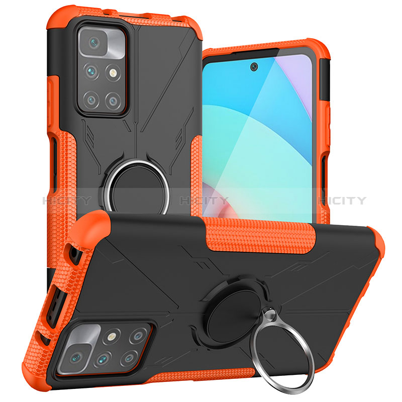 Silikon Hülle Handyhülle und Kunststoff Schutzhülle Hartschalen Tasche mit Magnetisch Fingerring Ständer JX1 für Xiaomi Redmi 10 4G Orange